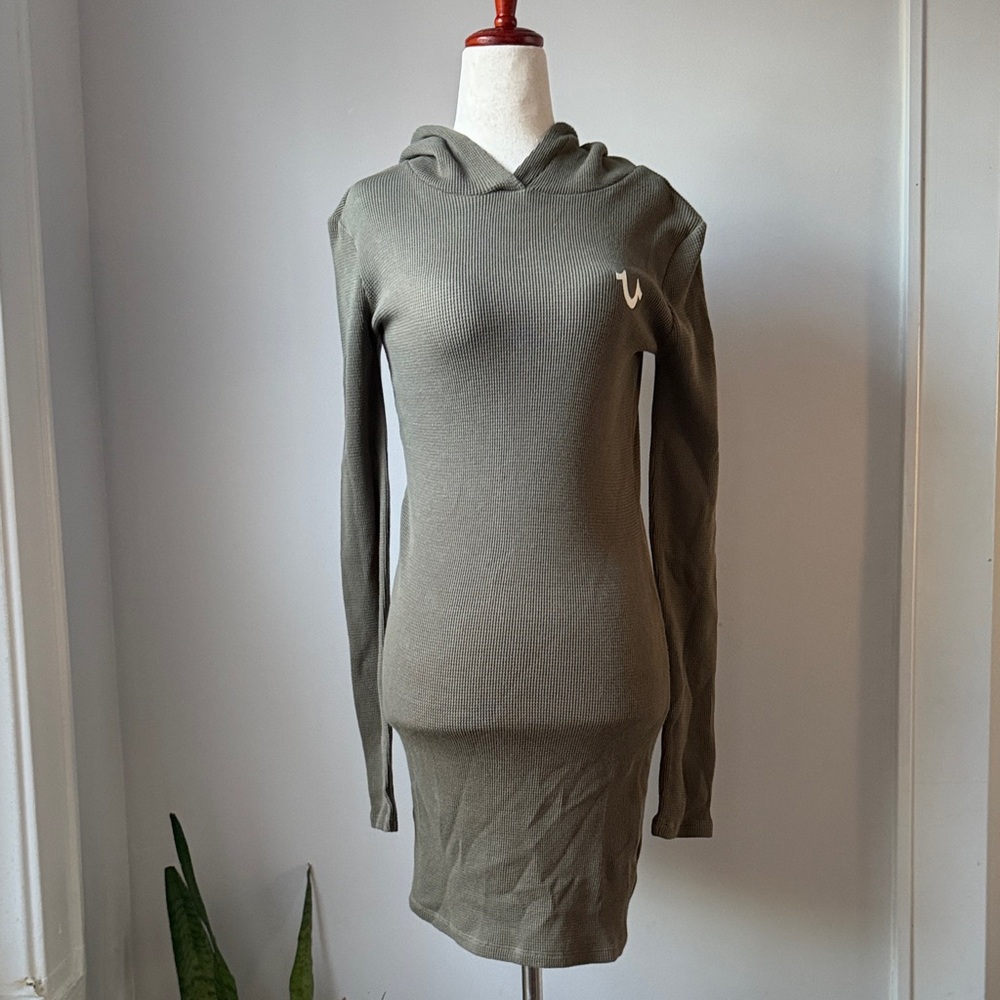 True Religion Olive Long Sleeve Dress Size Small Waffle Knit Hoodie Mini